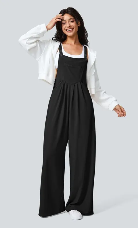 Halara Black Pockets Waffle Casual Wide Leg Overalls
