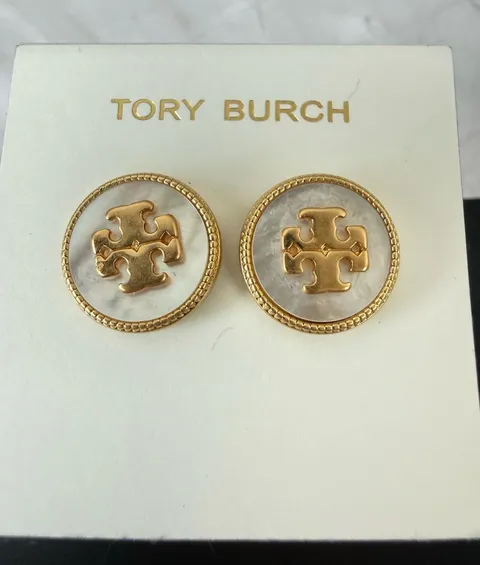 Tory Burch | Gold Plated & Mother of Pearl Logo Button Stud Earrings