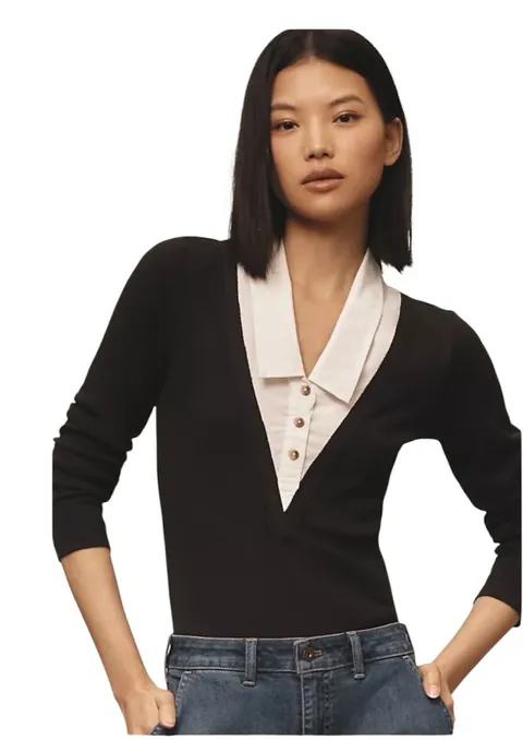 Pilcro Black V-Neck Bodysuit with White Faux-Collar XL NWOT