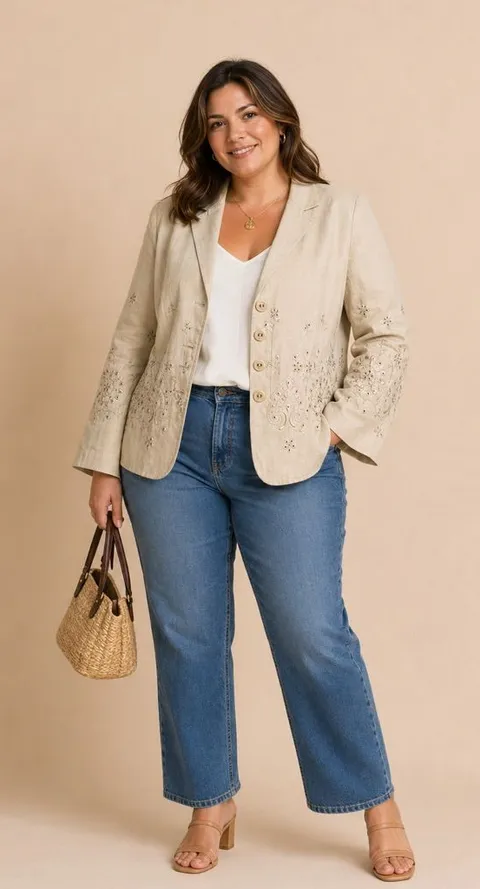 Carole Little Linen Embroidered Blazer Jacket Tan Button Front Floral Eyelet 16W