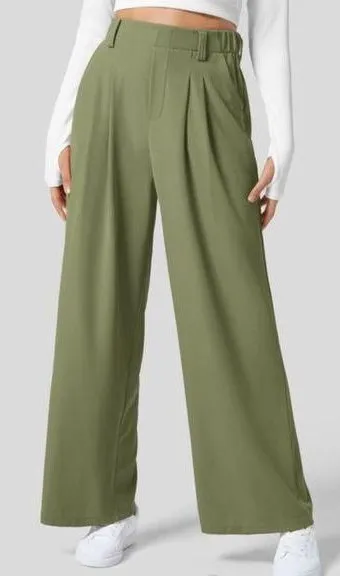 Halara High Waisted Wide Leg Waffle Work Pants Size Medium Tall Loden Green New