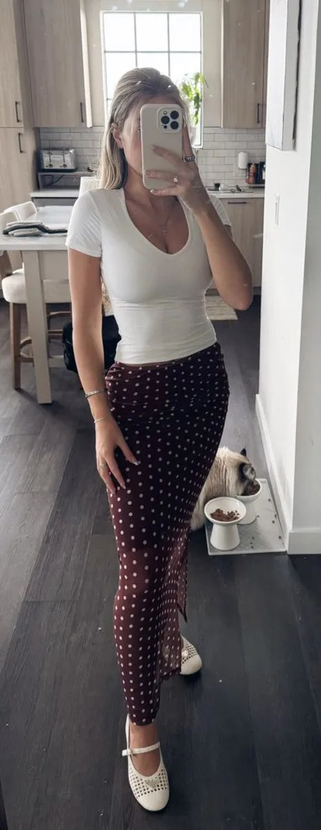 SHEIN Burgundy Maxi Skirt with White Polka Dots (Size Small)