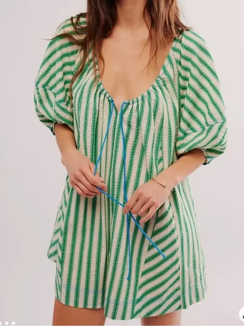 Free People Bop Around Green Cream Stripe Romper size medium