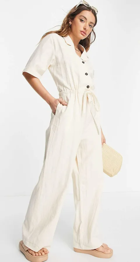 ASOS V-Neck Button-Front Jumpsuit with Drawstring Waist