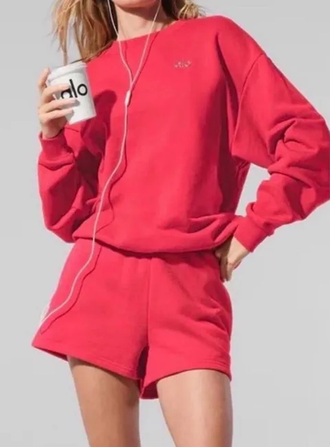 Alo Yoga Accolade Crewneck and Shorts Set Candy Red