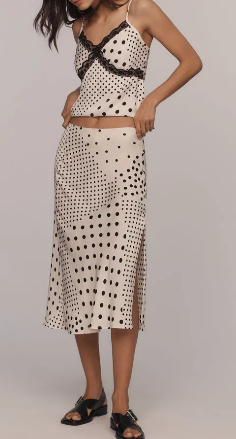 Anthropologie Polka Dot Satin Midi Skirt