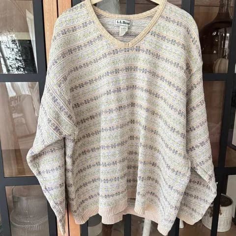 Vintage 90s L.L. Bean Pastel Fair Isle Cotton Linen Sweater knit beige striped Tan Size XL