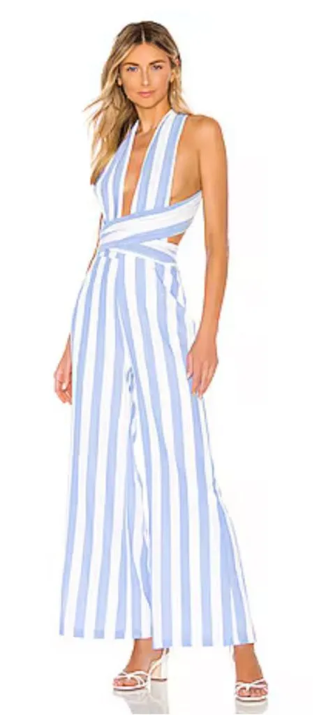 Superdown Kia Striped Jumpsuit in Blue & White