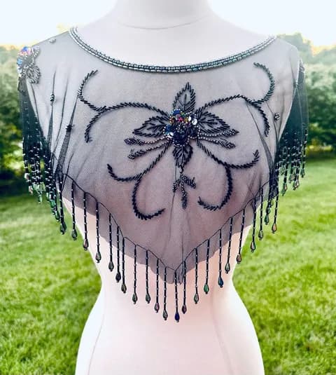 Vintage Beaded Black Mesh Caplet Collar Scarf with Fringe & Sequins