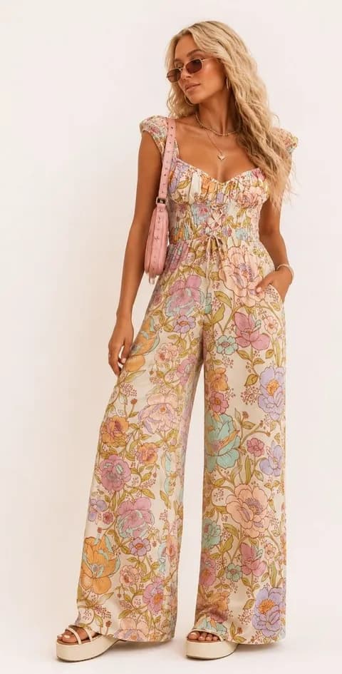 Free People Rolling Hills Jumpsuit Ivory Floral Boho Wide Leg Smocked NWT Size S