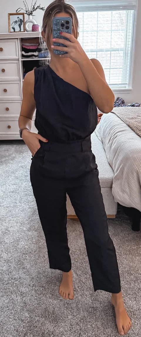 Black Satin one shoulder jumpsuit