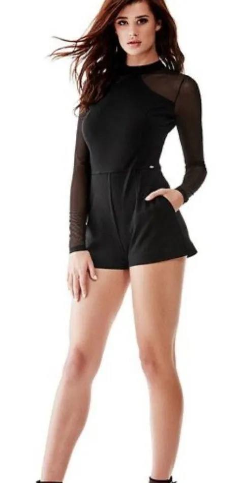 NEW Guess Mesh Long Sleeve Black Mock Neck Romper Women’s XS