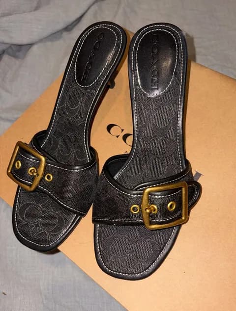 Black Jacquard Coach Margot kitten heels with gold buckle detailing