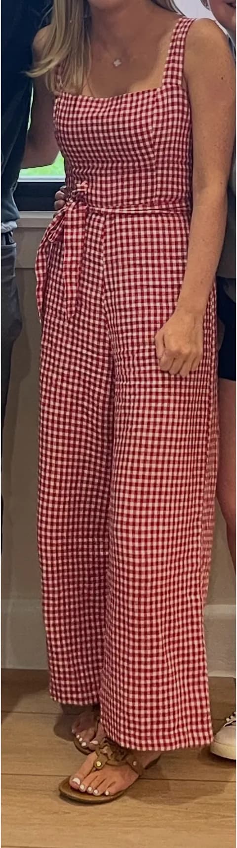 Reformation Red Linen Gingham Jumpsuit Wide-Leg