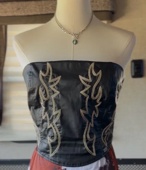 Black Leather Western Boot Stitch Embroidered Corset (Size S,M and XL)