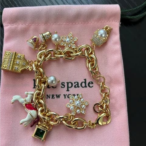 NWOT Kate Spade Gold Tone Charm Bracelet with Pearl & Enamel Accents