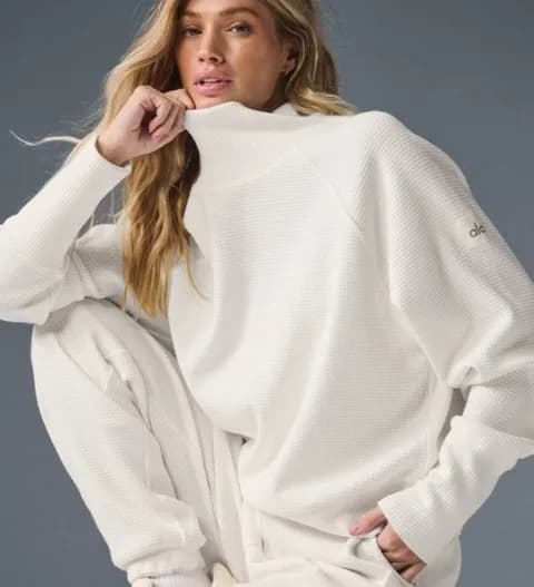 Alo Weekend Escape Mock Neck Long Sleeve Ivory Waffle Thermal Turtleneck Sweater