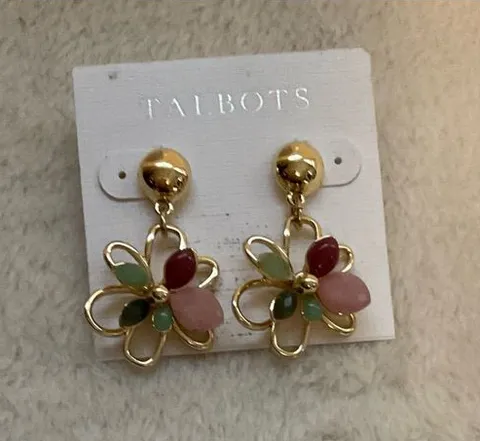 Talbots Gold Floral Dangle Earrings with Pink and Green Stones