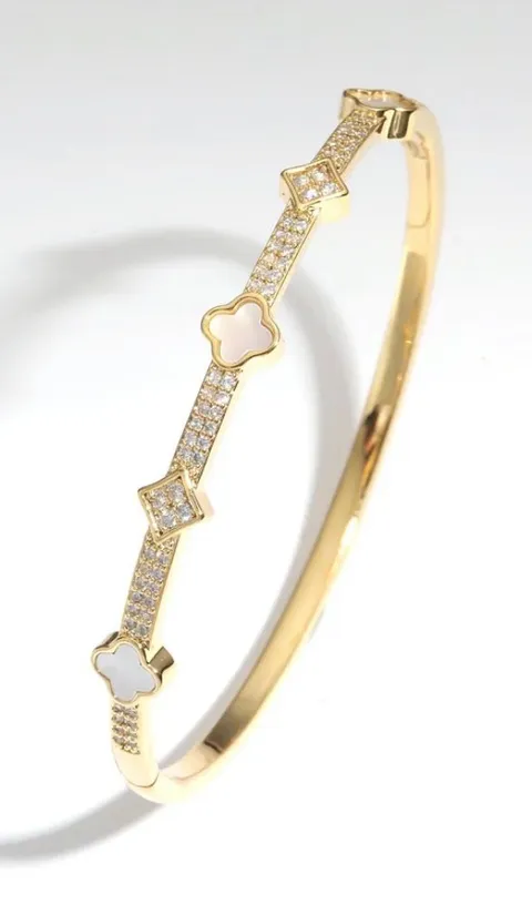Gold Clover Bangle Pavé Crystal Detail Minimalist