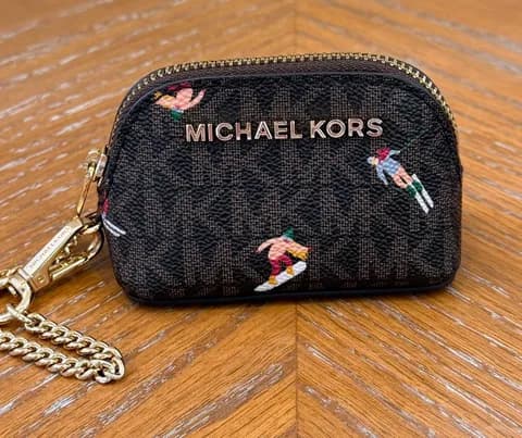 Michael Kors Brown Multi Ski Motif Coin Purse Pouch Key Fob RARE $118