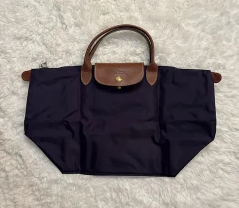 Longchamp Purple Le Pliage Tote with Brown Leather Trim