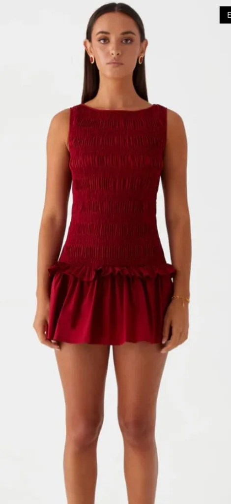 Peppermayo Exclusive - Garden Kisses Shirred Mini Dress - Maroon