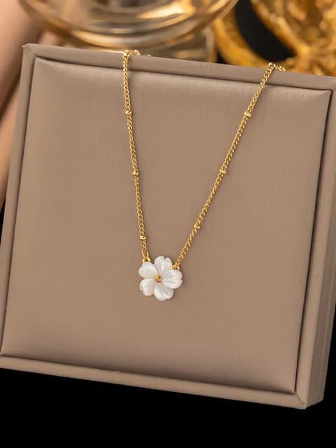 Gold Chain Necklace with White Flower Pendant