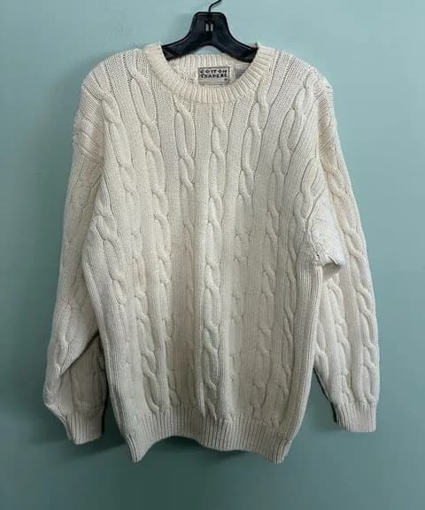 VTG Cotton Traders Women’s Cotton Oversized Cream Cable Knit Crew Sweater Sz L Size L