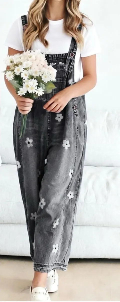 Utcoco Women's floral print denim jumpsuit with adjustable straps, wide le Black Size XL