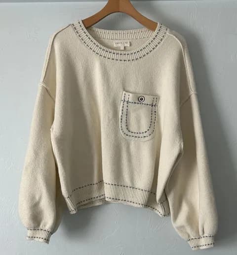 Entro Reverse Seam Cream Sweater with Blue Stitching NWOT