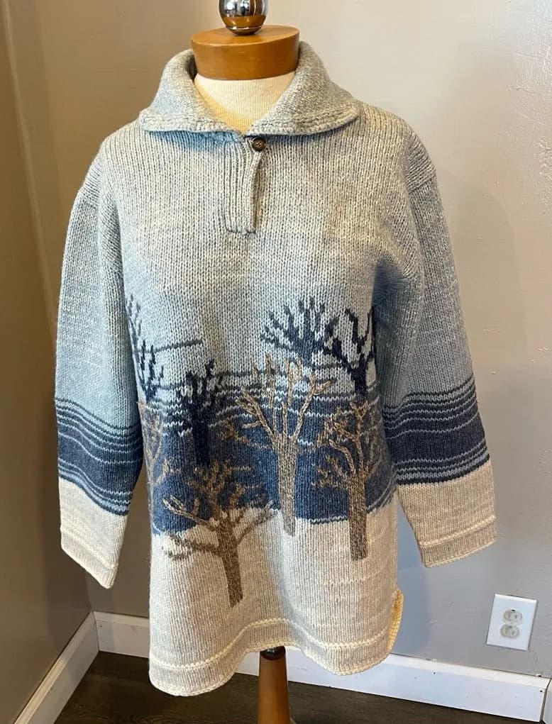 Susan Bristol Embroidered Tree Blue Knit Long Sleeve Sweater Women’s Size XL