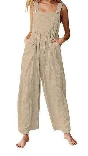 Tan Overalls Baggy Jumpsuit Sleeveless Wide Leg Romper Size Medium Lightweight