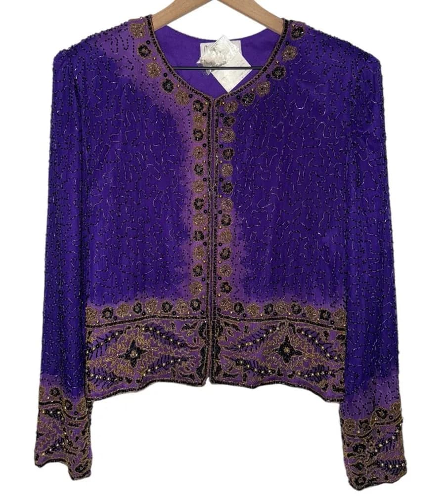 Vintage 80s Beaded Pure Silk NWT Purple Laurence Kazar Long Sleeve Jacket Gatsby
