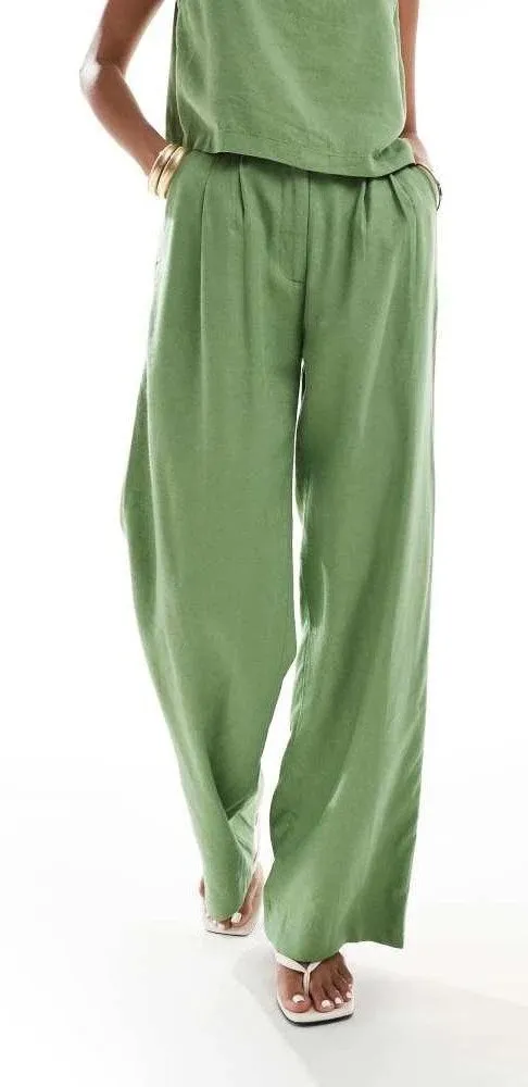 Abercrombie & Fitch Sloane Co-ord Linen Blend Wide Leg Trouser Size 12/31 Green