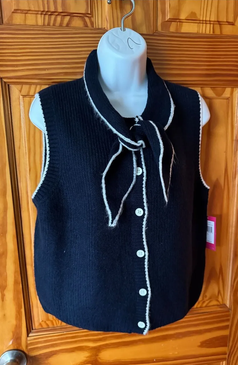 Vince Camuto Black Sleeveless Tie-Neck Sweater Vest with White Trim