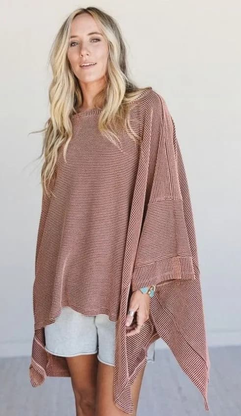Three Bird Nest Poncho Top Women's S/M Striped Oversized Boho
