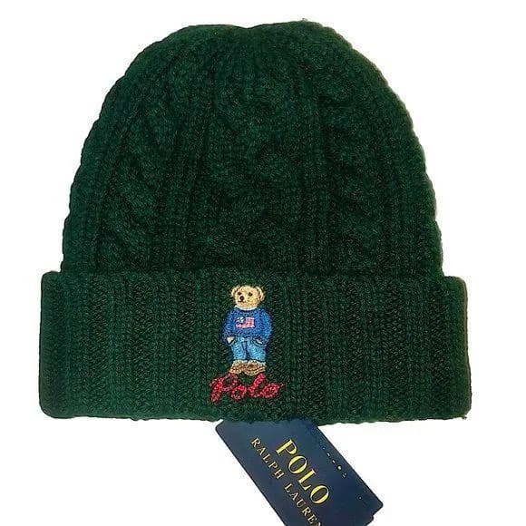RALPH LAUREN Green Cable Knit Hat w/ Bear Wearing American Flag Sweater O/S NWT