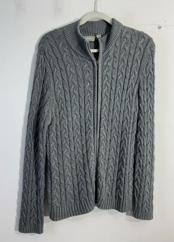 Womans Croft And Barrow Sweater Petite XL Gray Cable Knit Full Zip