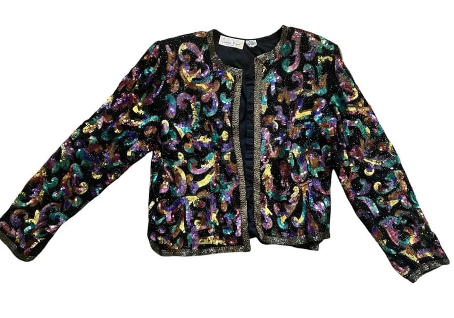 Laurence Kazar Vintage Black Multicolor Sequin Beaded Blazer | Large
