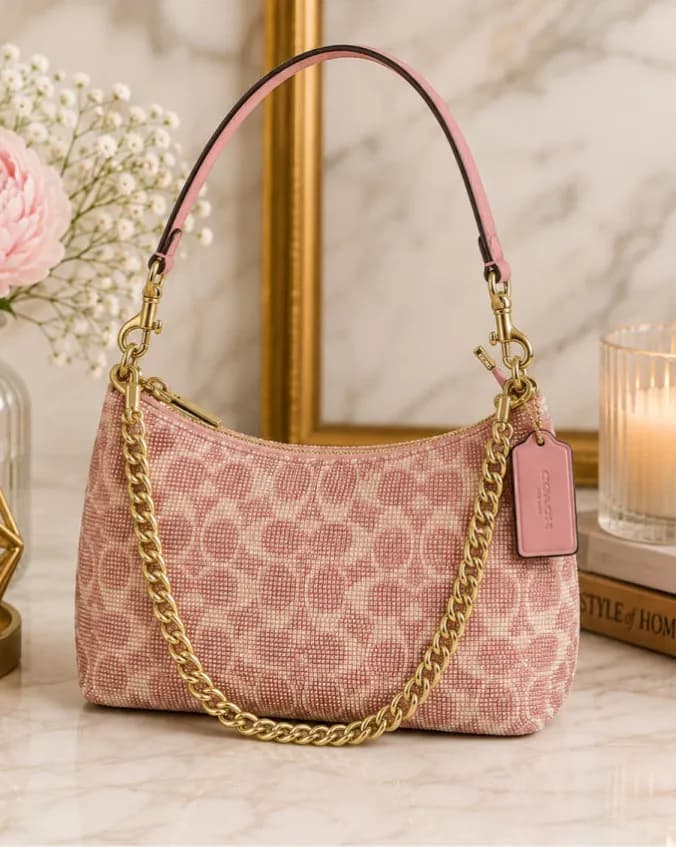 NEW Coach Teri Shoulder Bag Pink Signature Beaded Satin CET14 NWT
