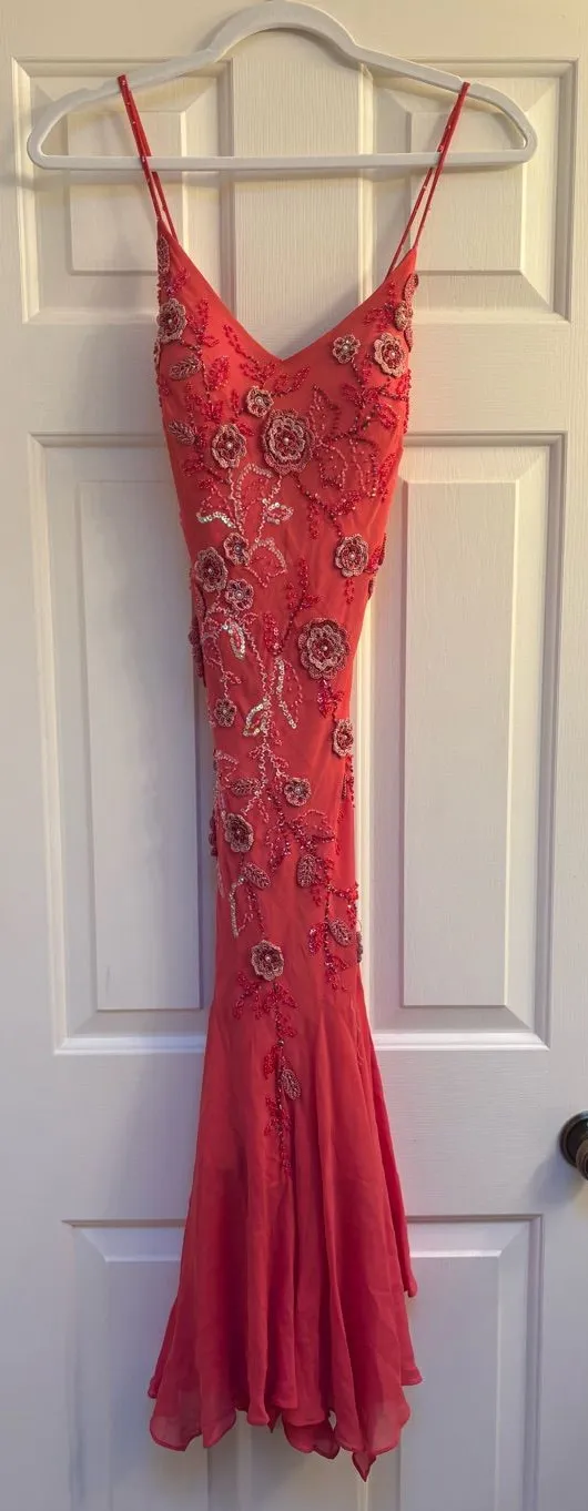 Sue Wong Coral Beaded Spaghetti-Strap Midi Dress