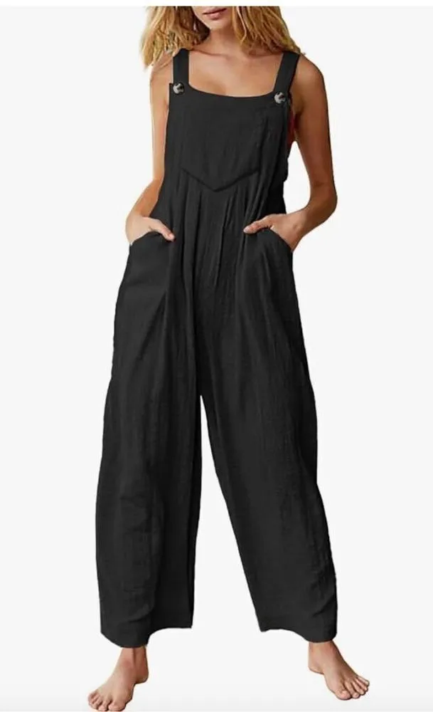 NEW 100% Cotton Loose Bib Jumpsuit Baggy Overalls Pockets XL Black