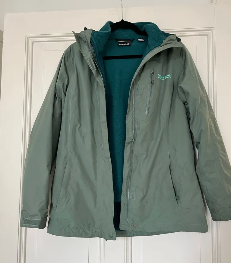 Marmot Ski Hiking Jacket Fleece Rain Hooded Green 2in1