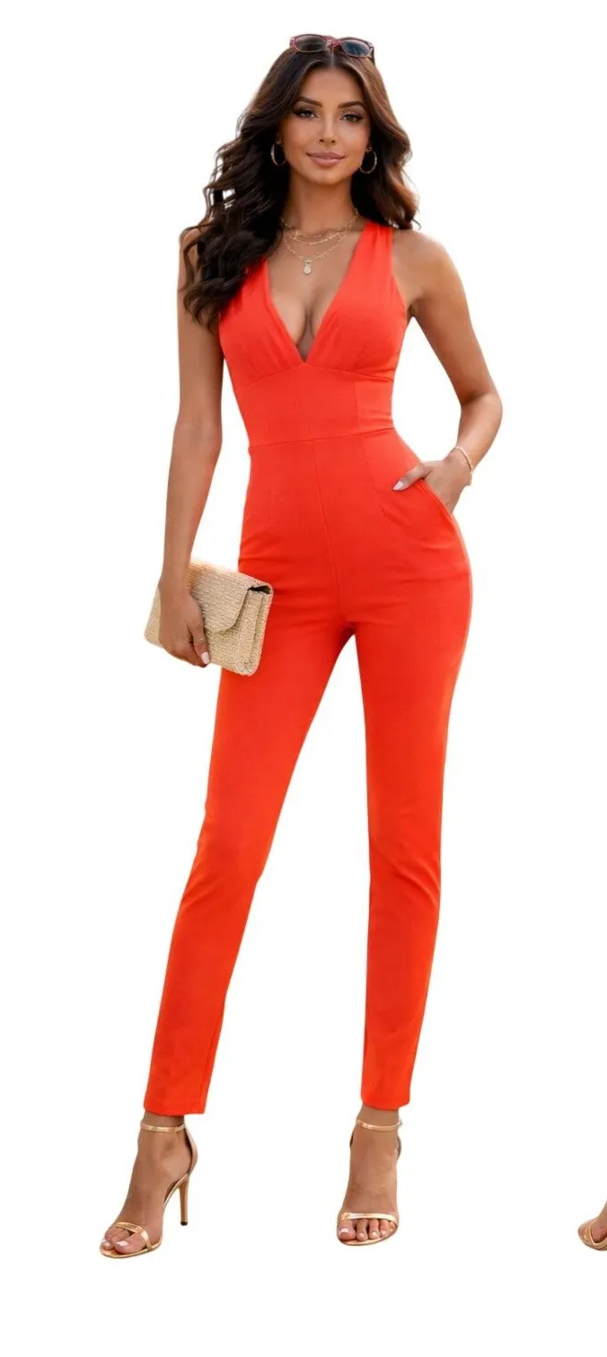 VNTG Orange Plunging X-Back Jumpsuit Slim Straight Leg Size Small