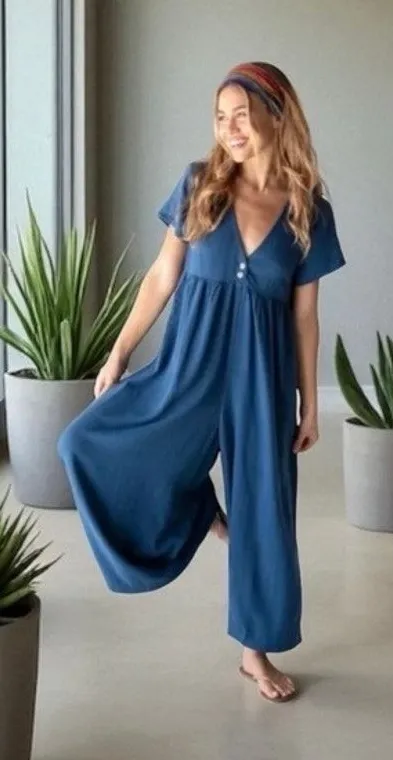 Natural Life Blue Avery Wide Leg Linen Blend Jumpsuit Sz.XS/S