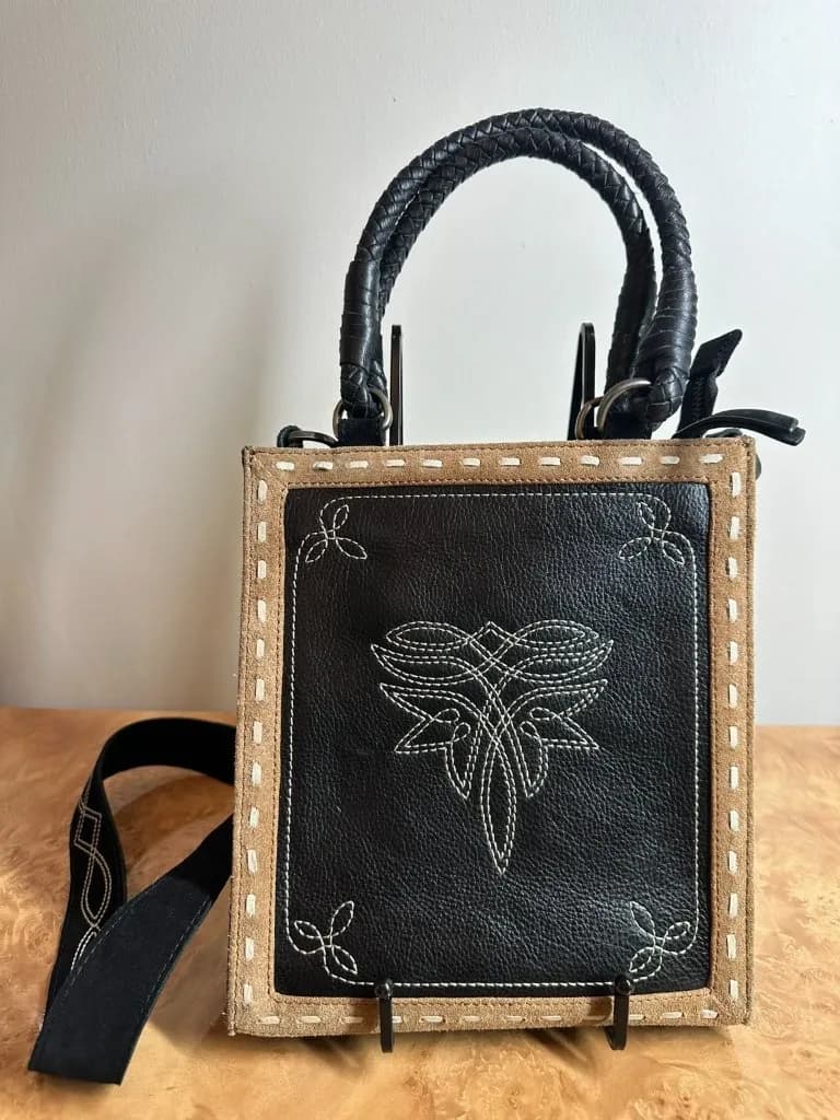 Idyllwind Black Leather & Suede Western Crossbody Tote Bag Embroidered Strap
