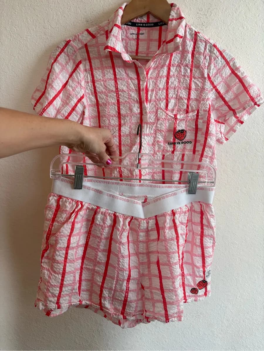 Life is Good pink-and-white checked short pajama set embroidered strawberry