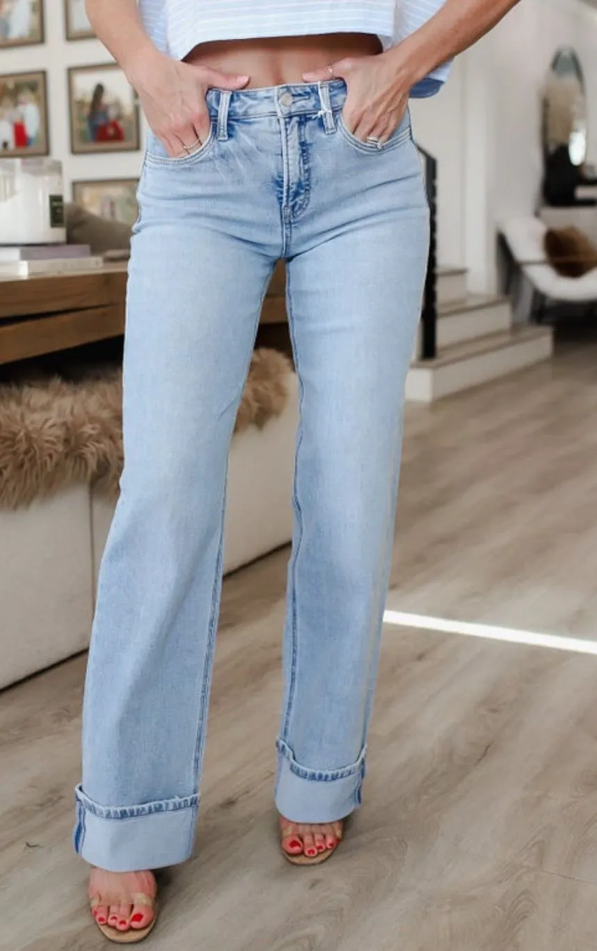 Lovervet by Vervet 28/7 Light Wash Tummy Control Wide Leg Cuffed Jeans
