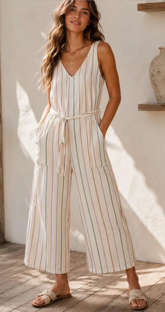 American Eagle Women’s Sz M Striped Cotton Linen Wide Leg Jumpsuit Boho Coastal
