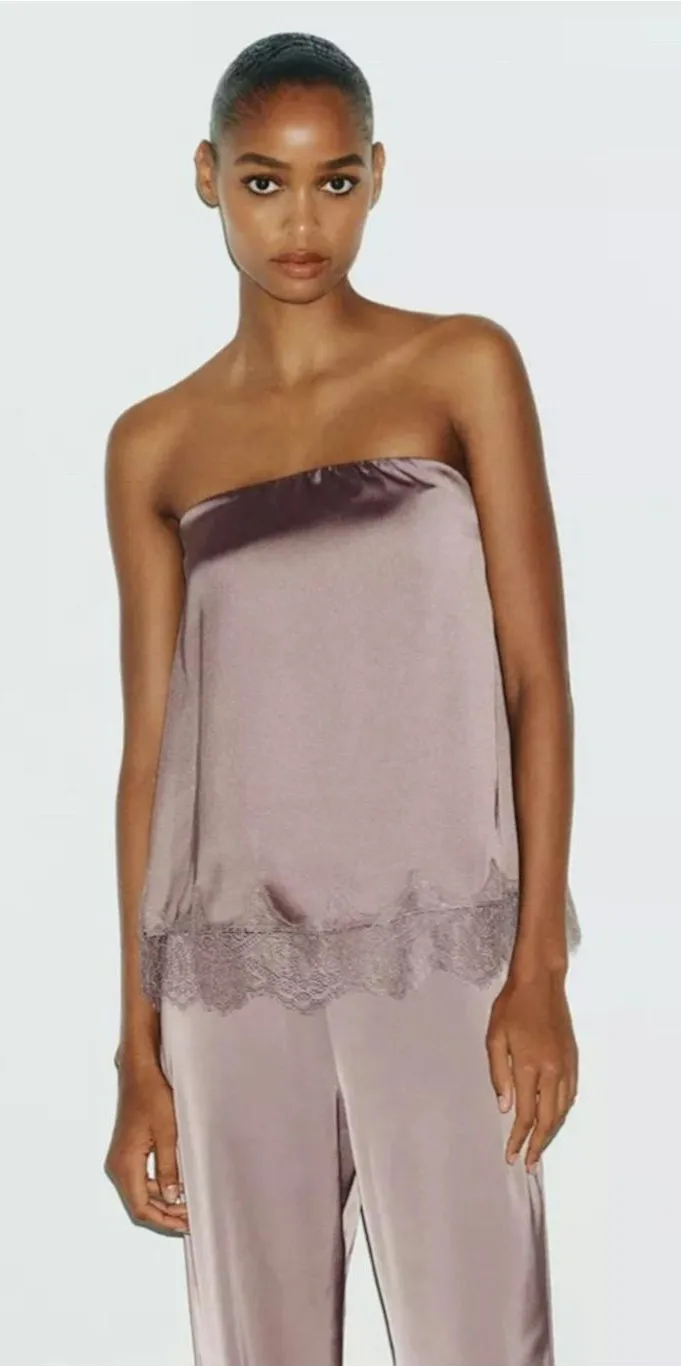 Zara Silky Lace Trim Strapless top in Dusty Mauve Size Large